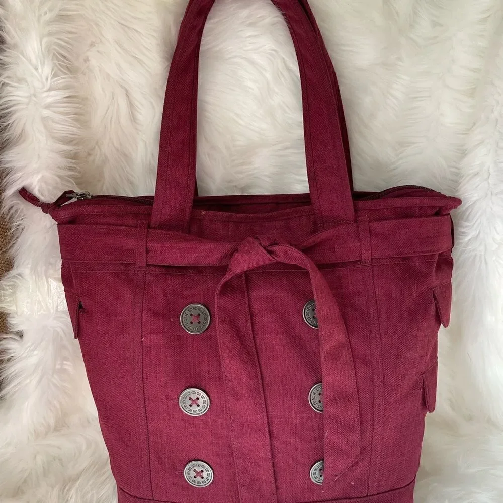 OGIO burgundy canvas large laptop tote with decorative belt fully padded